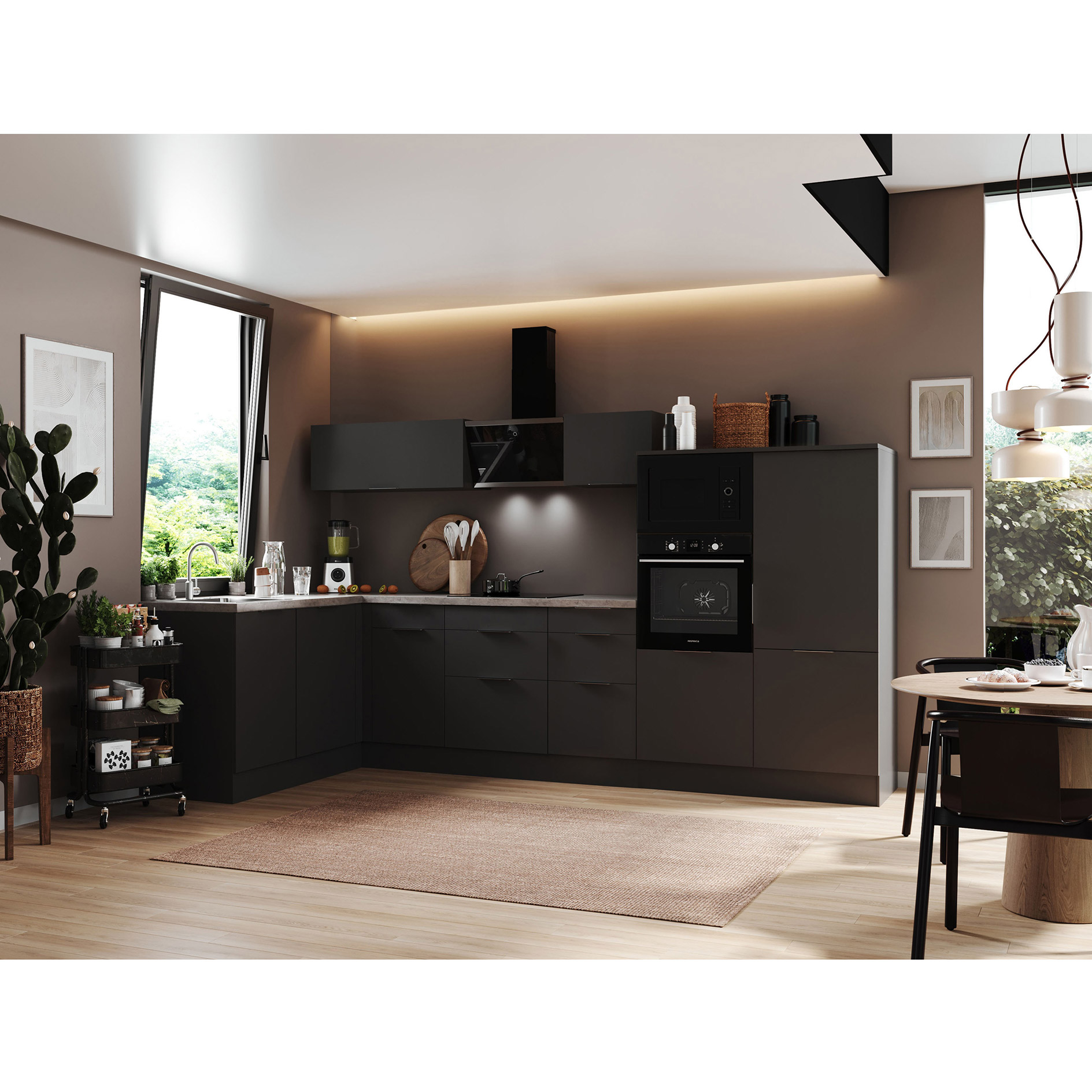 RESPEKTA Winkelküche - grau matt - mit E-Geräten - 340x175 cm