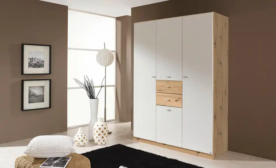 Kleiderschrank Landsberg 136 cm Weiß, Eiche Artisan (Nachbildung)