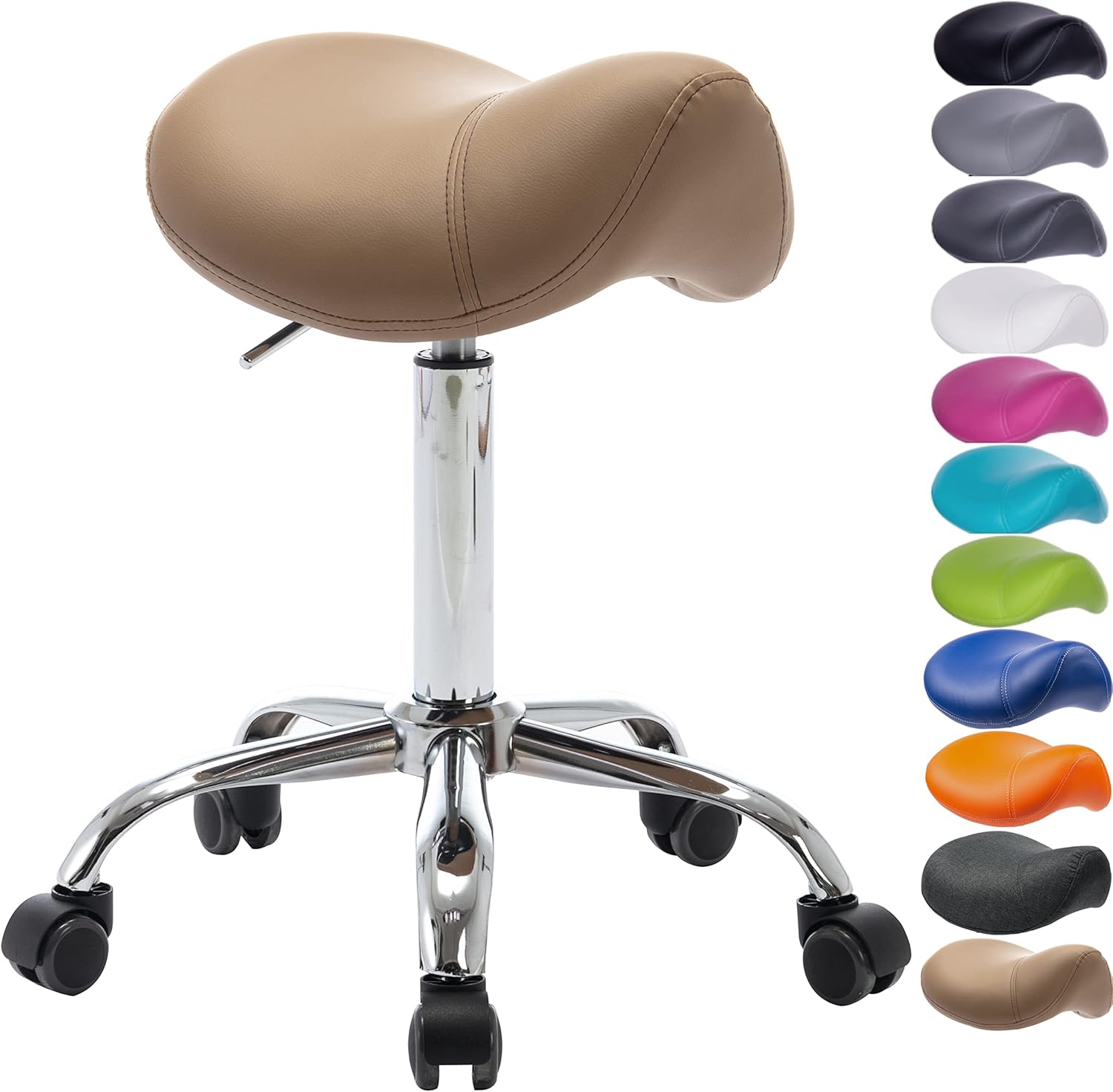 Sattelhocker Sattelstuhl MULY - Sitzhöhe bis ca. 74cm - ergonomischer Rollhocker Bürohocker Arzthocker Arbeitshocker Praxishocker Drehhocker (Lederimitat braun)