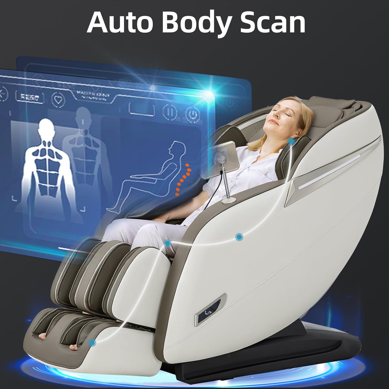 Poltrona de massagem corporal completa MassaMAX 2024, reclinável com gravidade zero, alongamento de ioga, trilho SL, airbags, aquecimento, tela sensível ao toque e massagem nos pés (MD906-Bege)