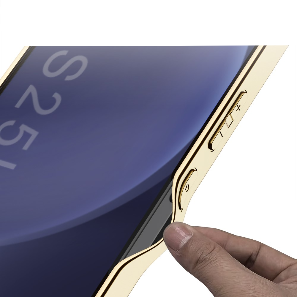 Samsung Galaxy S25 Ultra Leder Hardcase Hülle mit Galvanisiertem Rahmen   Kameraschutz - Weiss / Gold