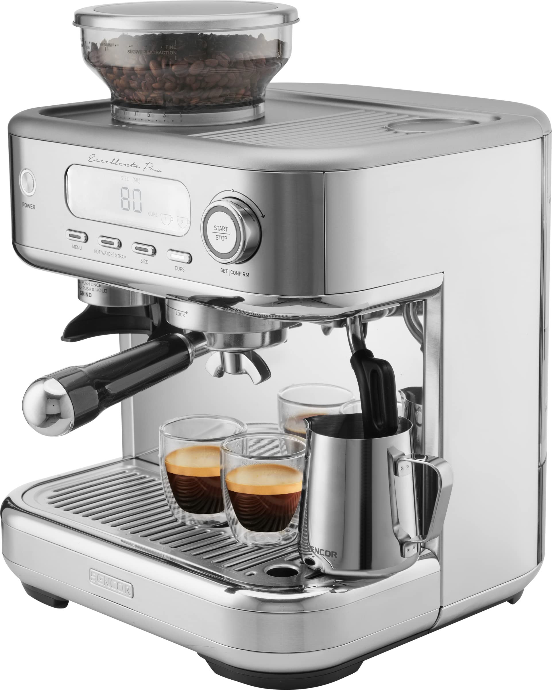 SENCOR Machine Expresso, Mousseur à lait, Broyeur Café à Grain, Ecran LCD, Caftière Espresso, Cappuccino, Expresso avec Broyeur Barista Express, Excel