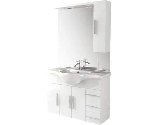 Badkamermeubelset Baden Haus Aida BxHxD 105 x 173 x 50 cm, frontkleur wit hoogglans, met witte keramische wastafel en badmeubel met spiegel