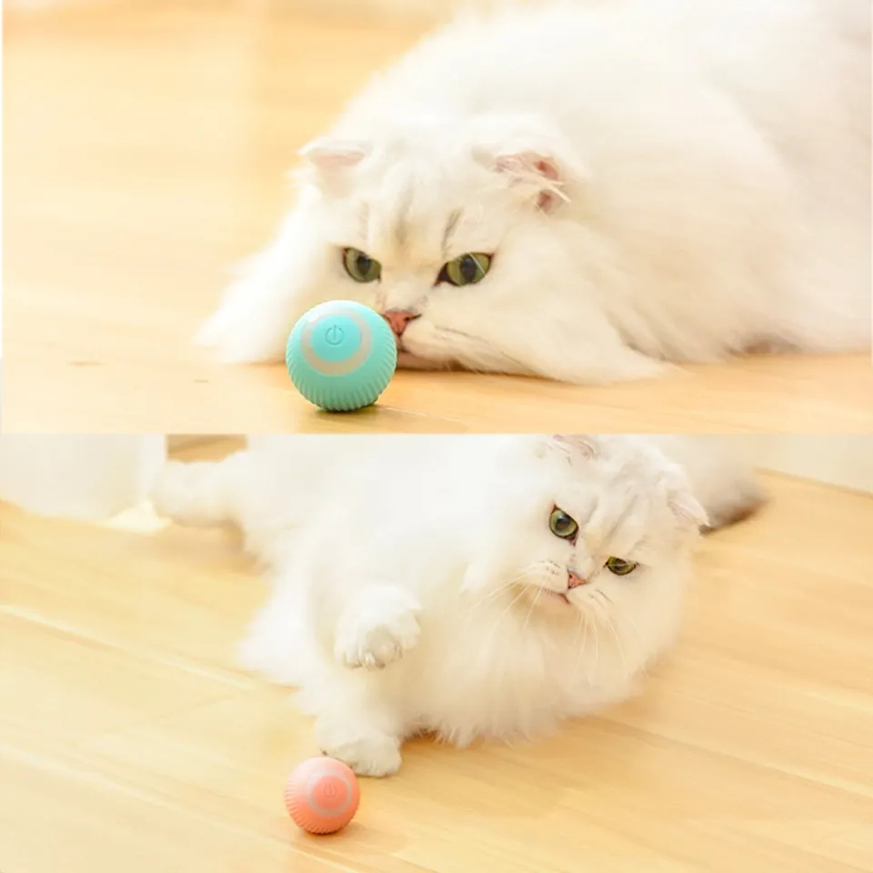 (2er Set) Ø43mm Intelligentes USB Katzen Spielzeug Rollender Spielball Haustier Indoor Fun - Blau / Rosa