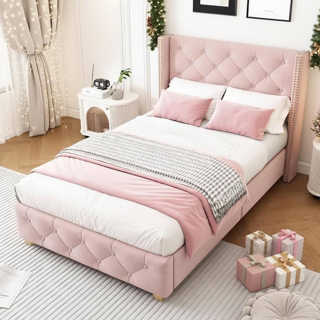 okwish Polsterbett Jugendbett 90×200cm Einzelbett mit Lattenrost und Kopfteil,Knopfpolsterung