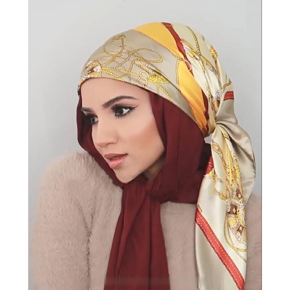 (90x90cm) Satin Kopftuch Damen Schal Hijab Wickeltuch Blumen Print - Rosa