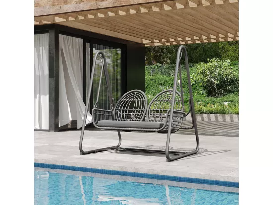 Chaise de balançoire jardin rotin synthétique 2 sièges dossier gris foncé coussins ensemble de mobilier de jardin gris