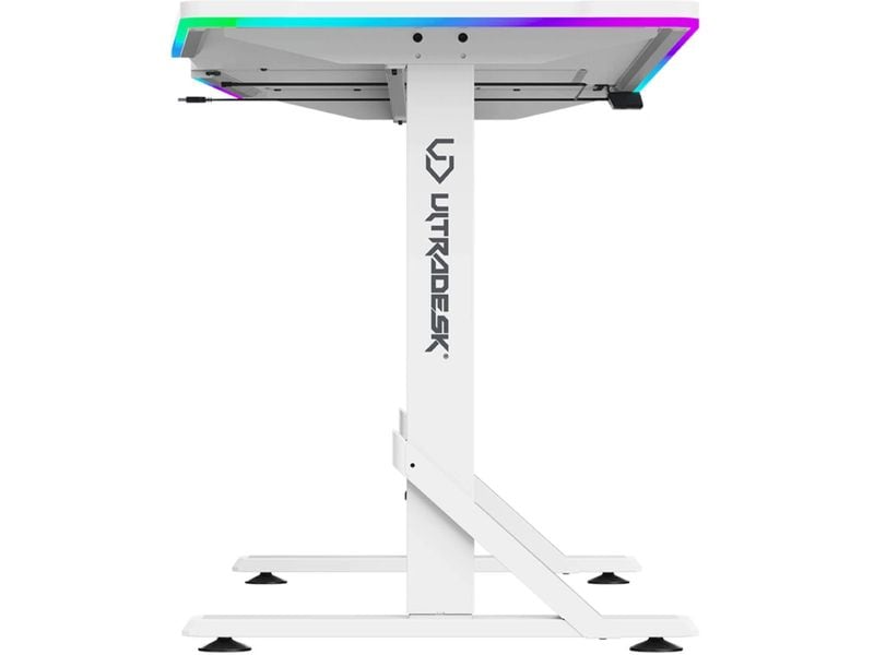 Ultradesk Gaming Tisch Iron Weiss Ultrastarker Gaming Tisch mit mechanischer Höhenverstellbarkeit und RGB-Beleuchtung