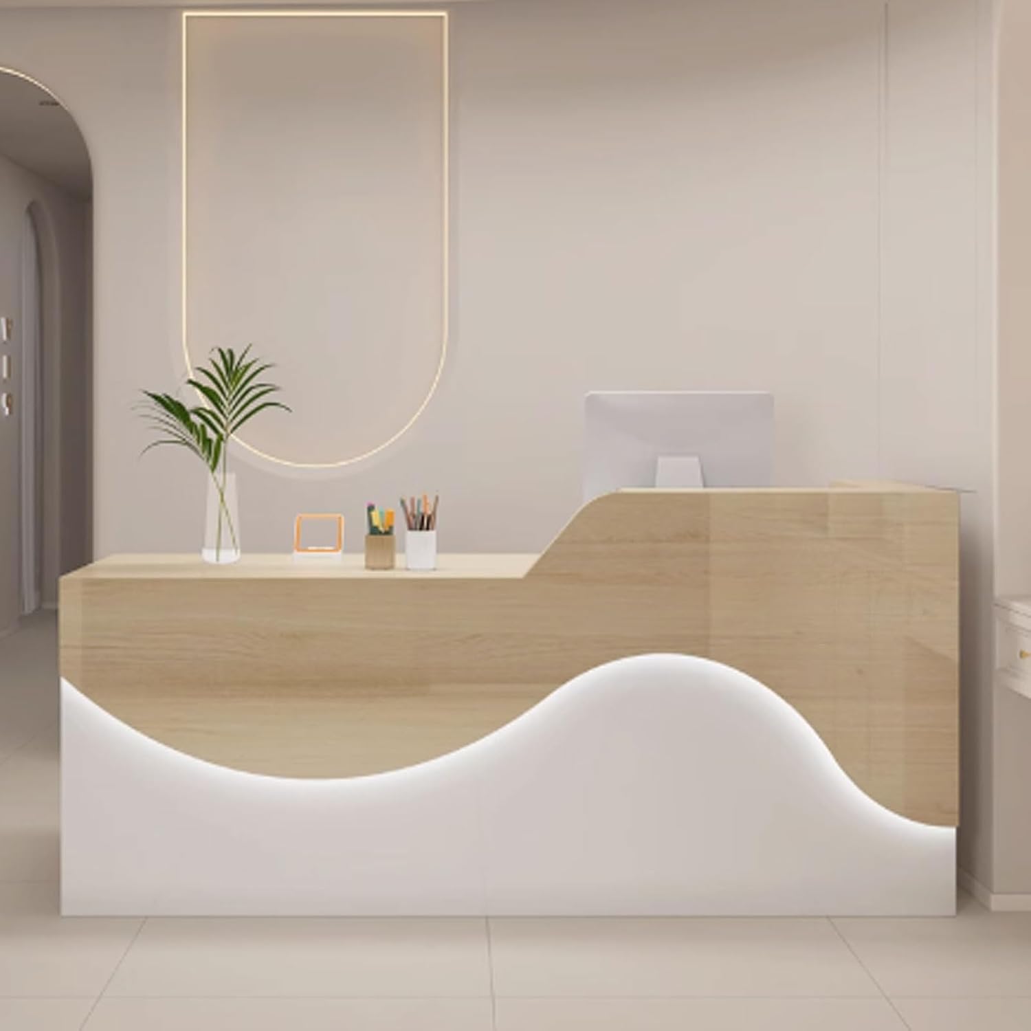 Empfangstheke Rezeption, Empfangstresen für Praxis, Reception Desk Modern, Bürotheke Reception Tisch Holzwerkstoff mit Sanfter und Entspannender Beleuchtung(White+Natural,120cm)
