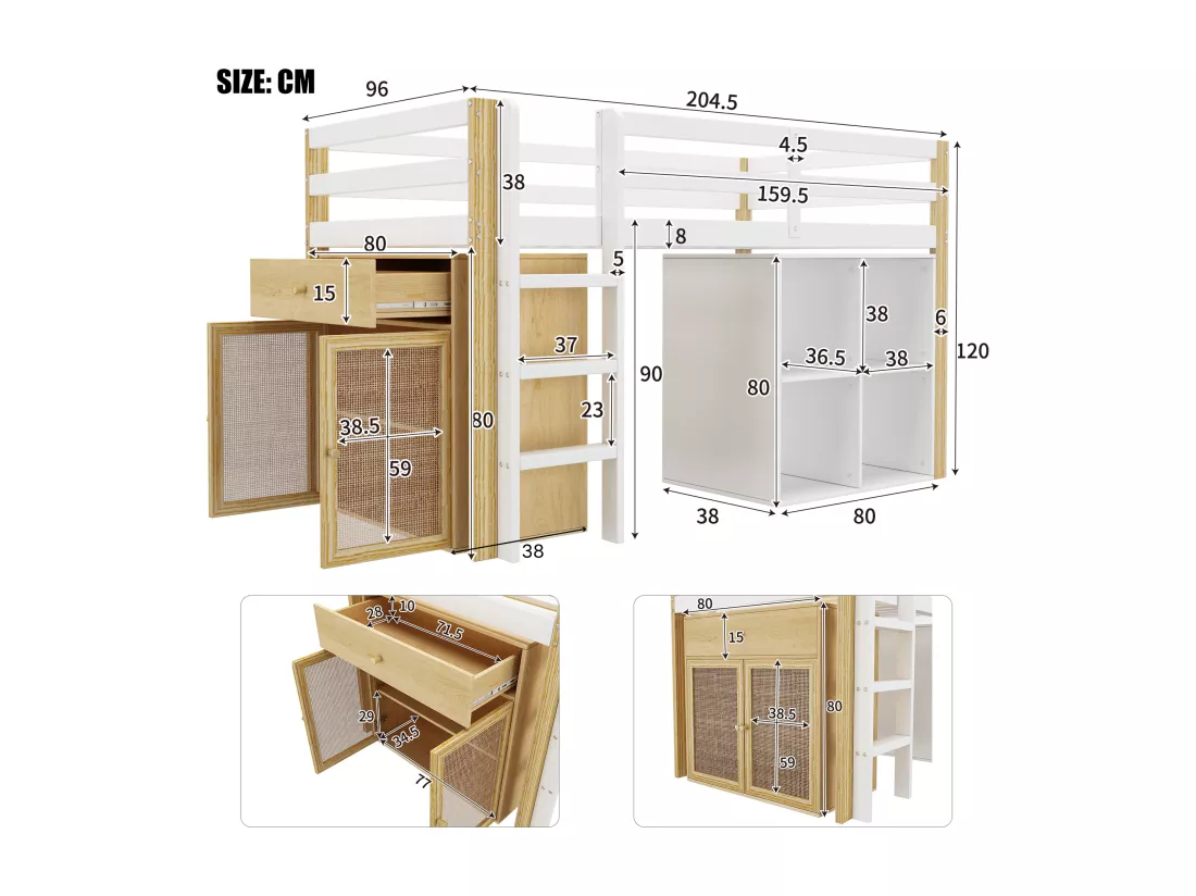 Lit enfant, lit enfant simple avec 2 casiers et échelle, sans matelas, 90 x 200 cm, blanc