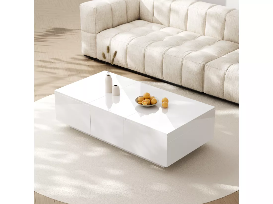 Table basse moderne en finition haute brillance avec rangement Push-Pull et tiroirs doubles – 100 x 50 x 31 cm
