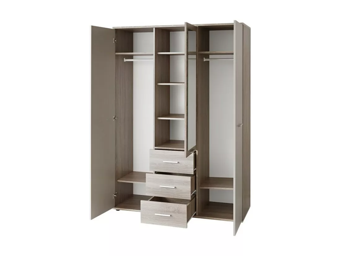 Armoire chambre d'enfant design coloris chêne et blanc avec 3 portes battantes et 3 tiroirs collection DENVER.