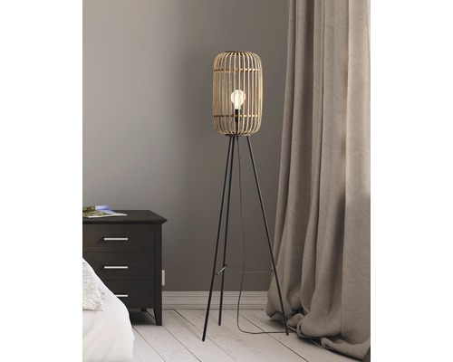 Driepotige staande lamp met één lamp, HxØ 130x45 cm, Woodrow naturel/bruin met voetschakelaar