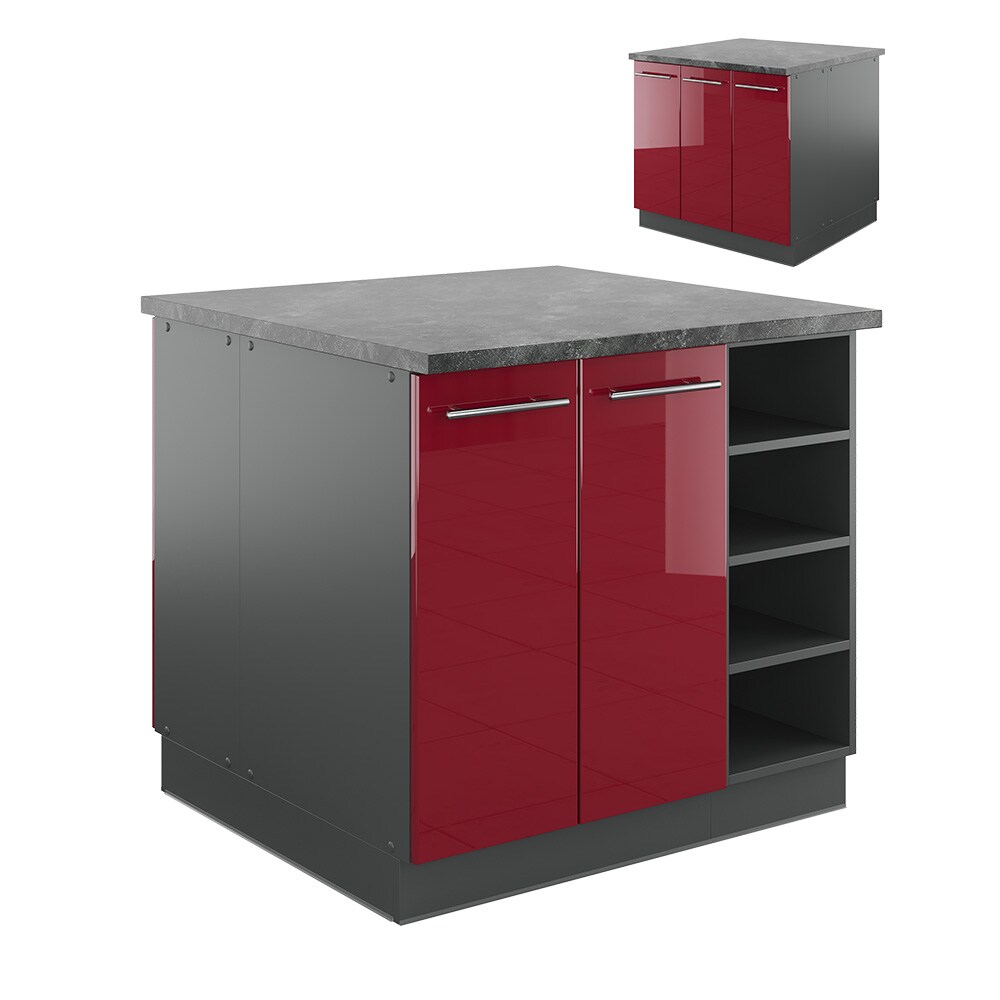 Vicco Kücheninsel Küchenblock Einbauküche Fame-Line Anthrazit Bordeaux Rot 90 cm modern Hochglanz Küchen Schränke Regalunterschrank Küchenunterschrank Regalinselunterschrank Softclose-Scharnier Küchenmöbel