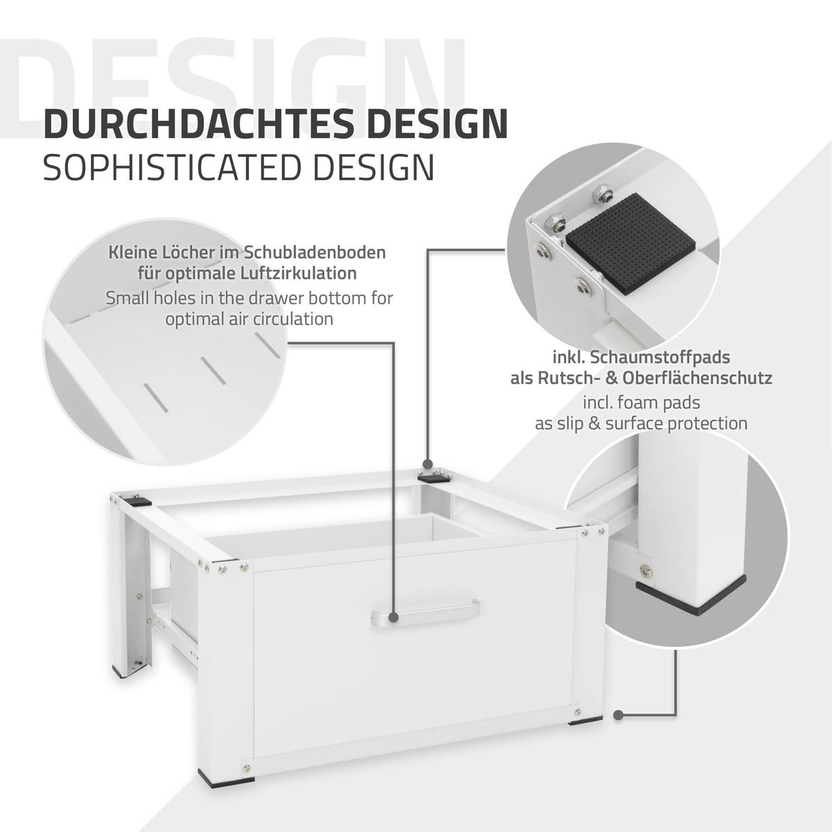 ML-Design Wasmachine Onderstel met Lade 63x54cm Staal Wit tot 150kg, Wasmachinekast, Stabiele Wasmachine Onderstel, H=31,5cm Voetstuk Verlengstuk voor Droger/Koelkast