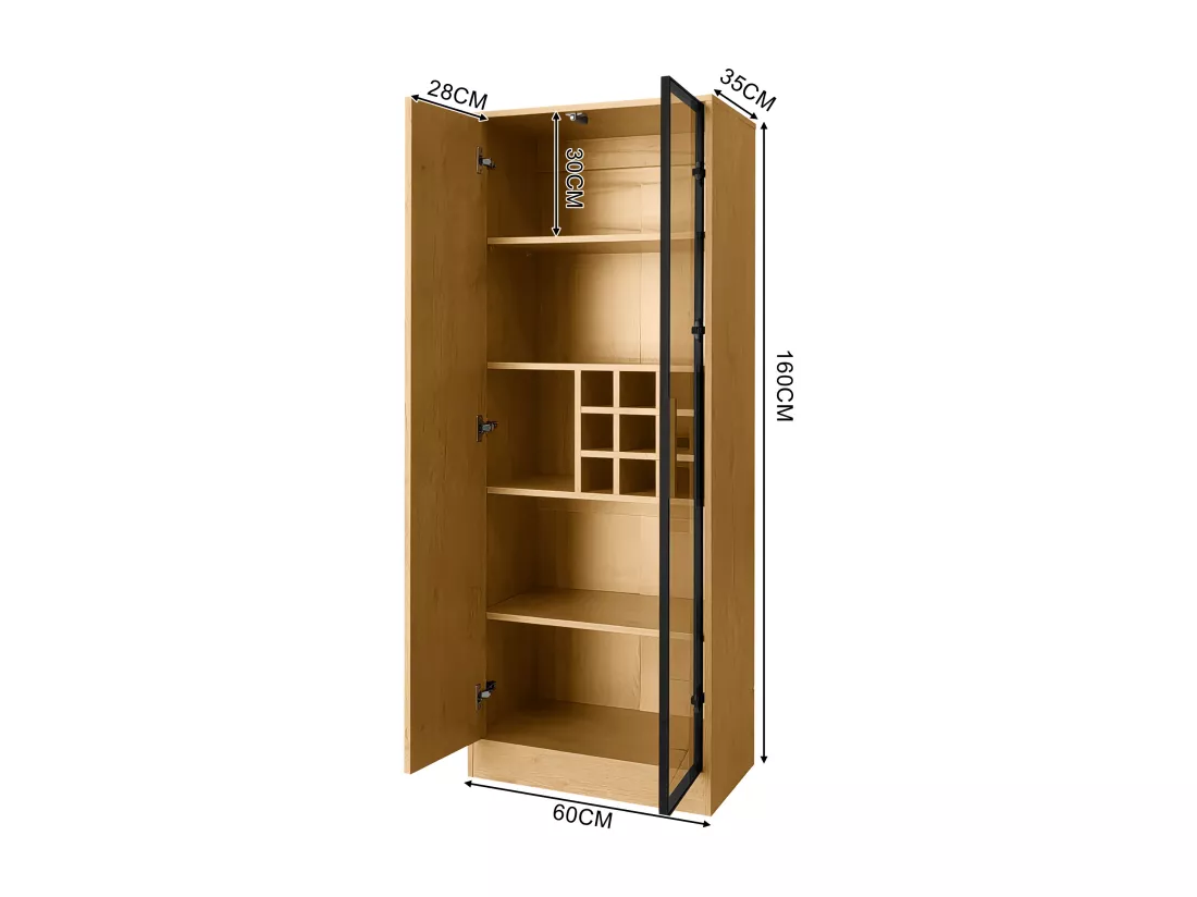 Vitrine, Meuble de salle de bain avec 2 portes vitrées - 60 x 35 x 160 cm - Bois MDF - LEDs - Naturel