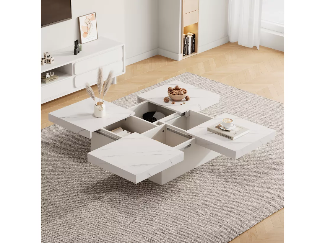 Table basse carrée moderne blanche effet marbre 4 tiroirs plateau coulissant 90x90x25cm Khekried