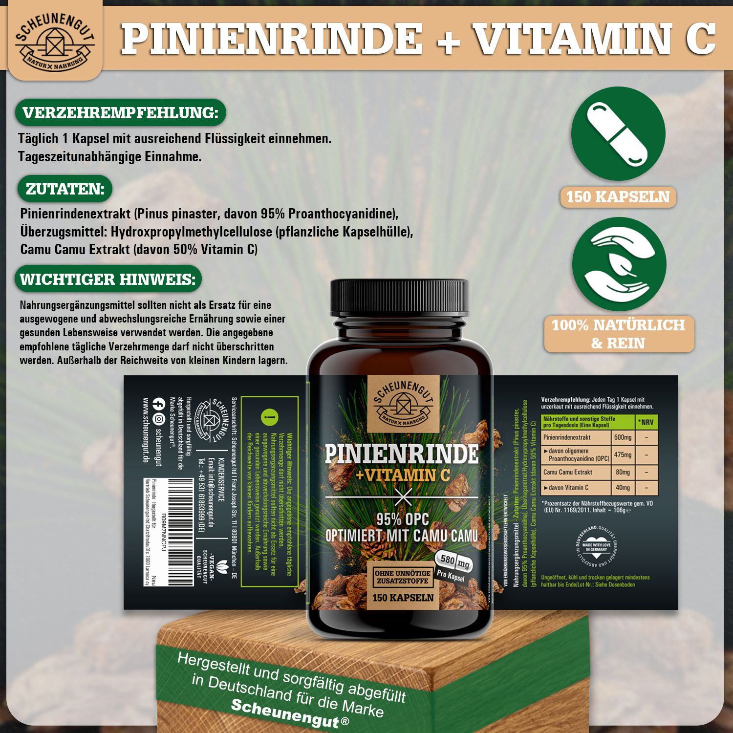 Scheunengut® Pinienrinde | 25:1 Extrakt mit mindestens 95% OPC | optimiert mit Camu Camu (Vitamin C)