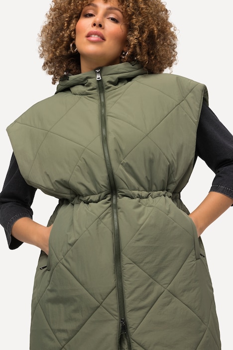 Long-Steppweste, Kapuze, 2-Wege-Zipper, ärmellos