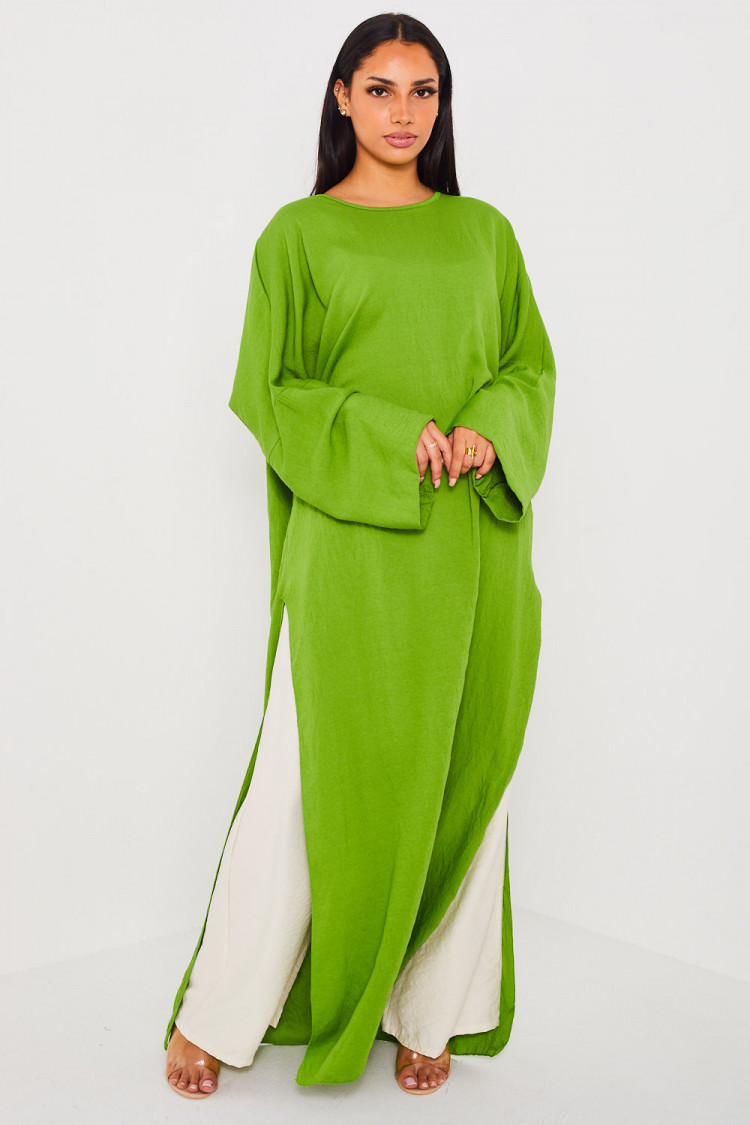 Ensemble 2 pièces robe + pantalon vert et beige