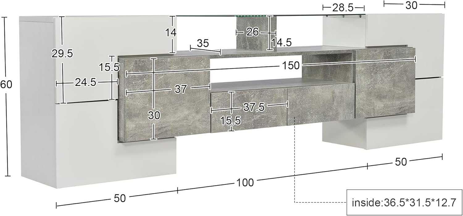 LED TV Lowboard in Hochglanz Weiß und Schwarz, 200 cm Breite, Modernes Wohnzimmer Sideboard mit LED-Beleuchtung, Elegante Glasoberfläche (Grey)