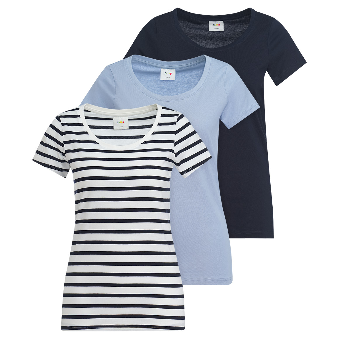 Famy 3 Damen T-Shirts im Basic-Look dunkelblau / hellblau / weiss