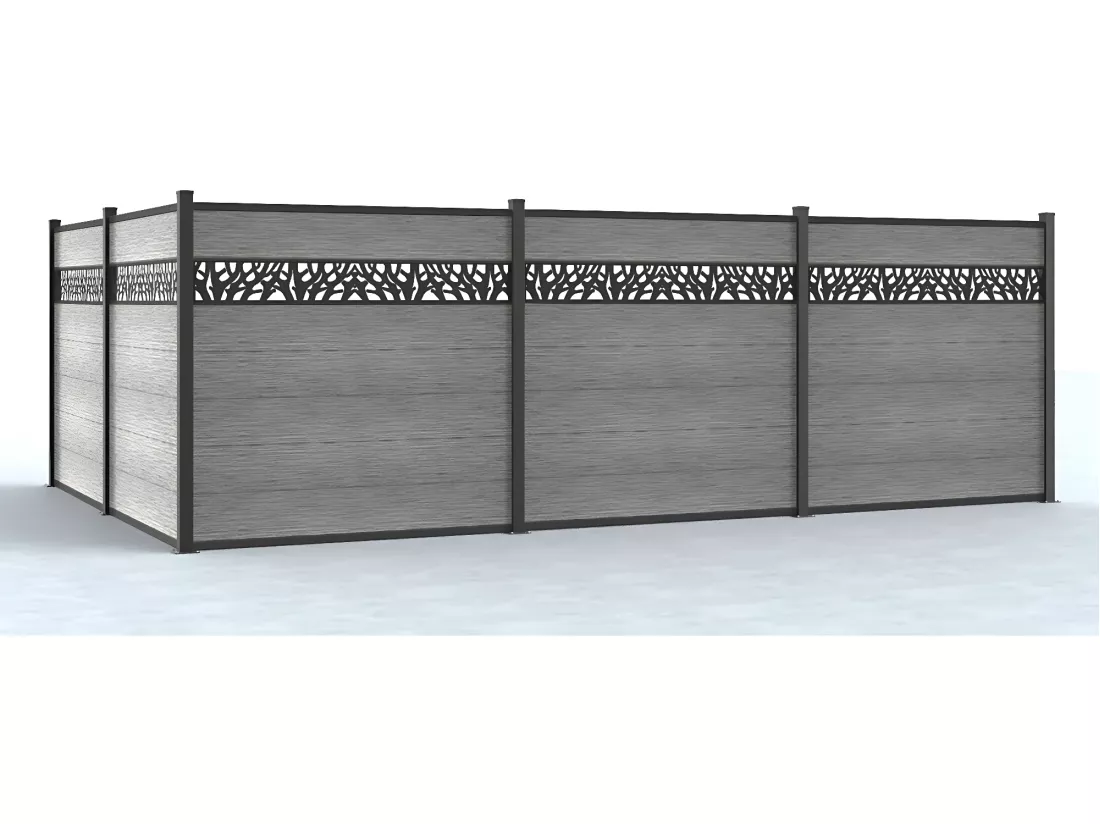 Panneaux de clôture à enterrer H.181 cm - kit 7 lames composite avec décor + 2 poteaux gris clair - ENOLA