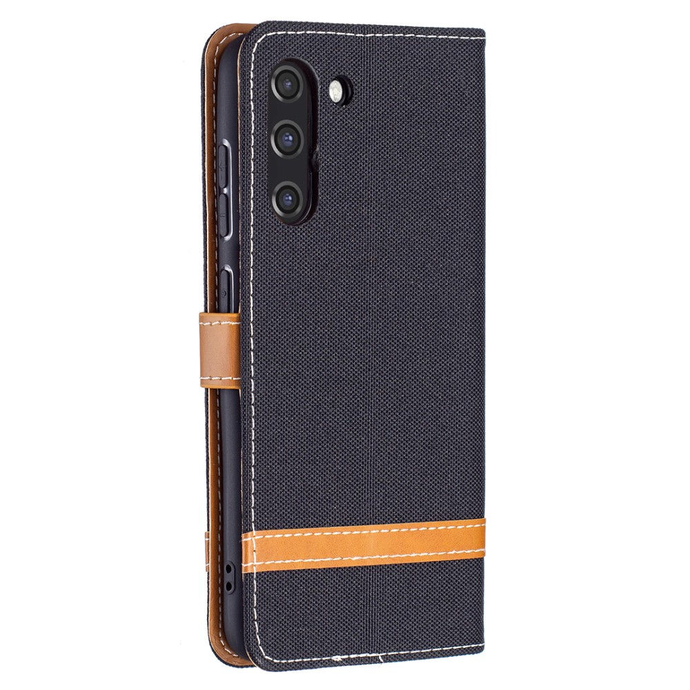 Samsung Galaxy S21 FE 5G Stoff Tasche im Jeans Look mit Kartenfach   Magnetverschluss - Schwarz / Braun