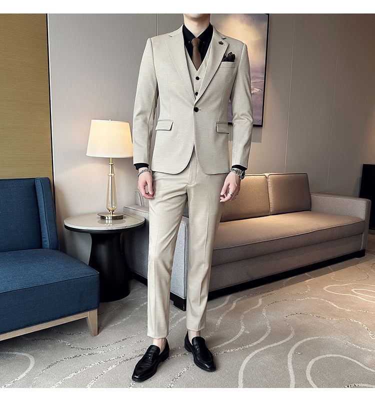 Blueforce - Set: Effen blazer + V-hals vest met knoopjes + Hoge taille rechte broek
