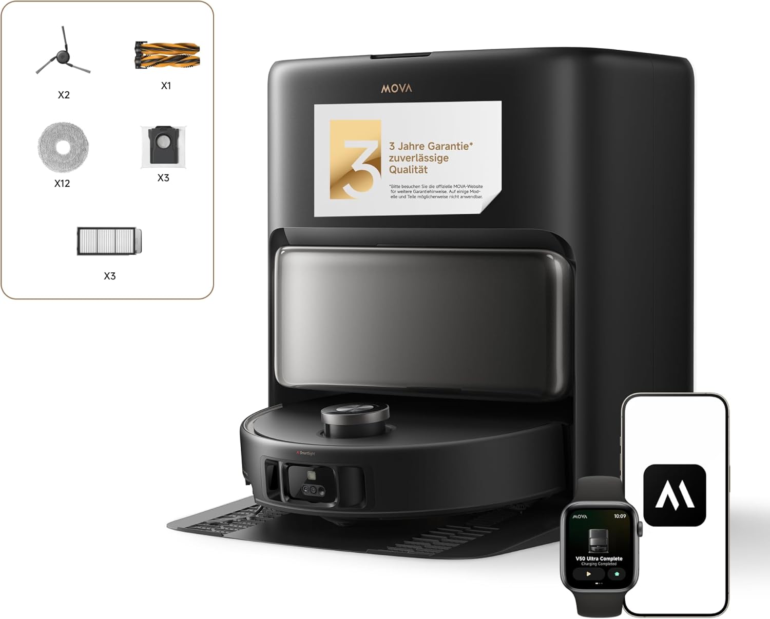 Mova V50 Ultra Complete Saugroboter mit Wischfunktion 24.000 Pa, 6cm Hindernisüberwindung, Liftable Navigation+RGB AI+LED, 80℃ Heißwasserwäsche & 63℃ Selbsttrocknung, DuoSolution System, Tricut Bürste