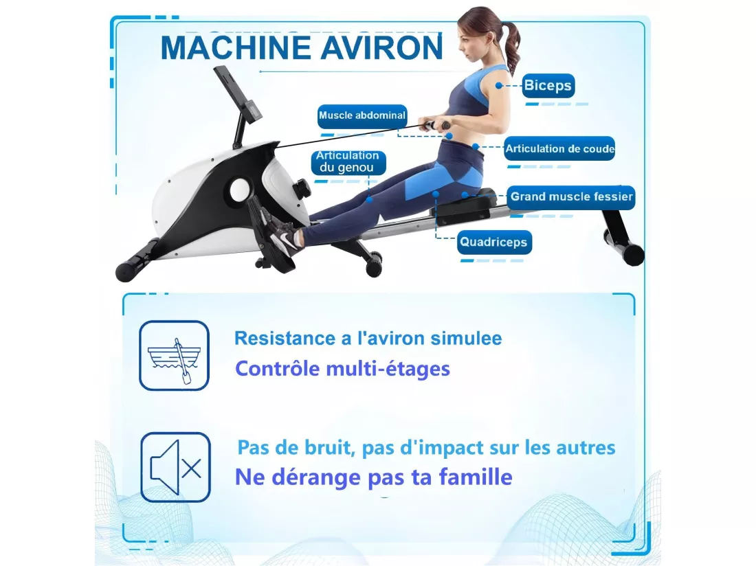 Rameur à résistance magnétique pliable, 8 niveaux de résistance, silencieux et lisse, max 110kg, 190x51x85cm