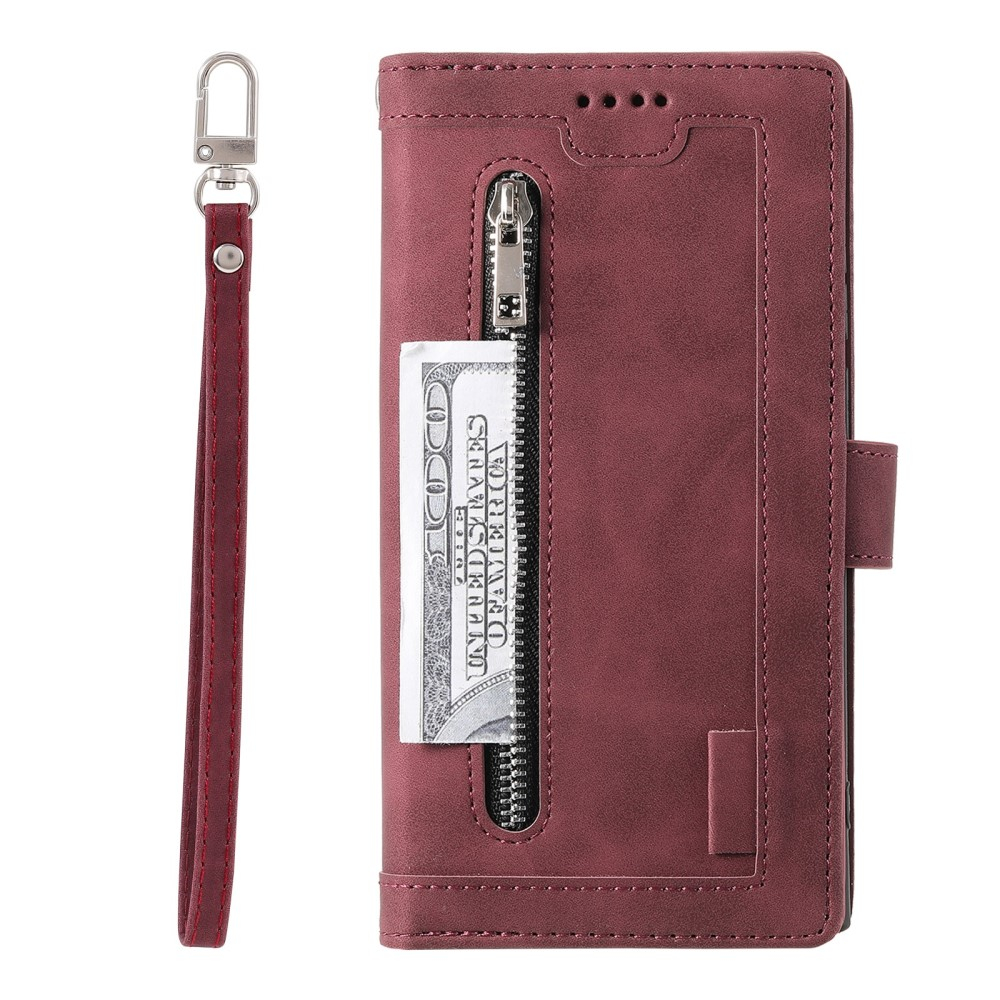 Samsung Galaxy S23 5G Leder Tasche Flip Cover mit Reissverschluss - Dunkelrot