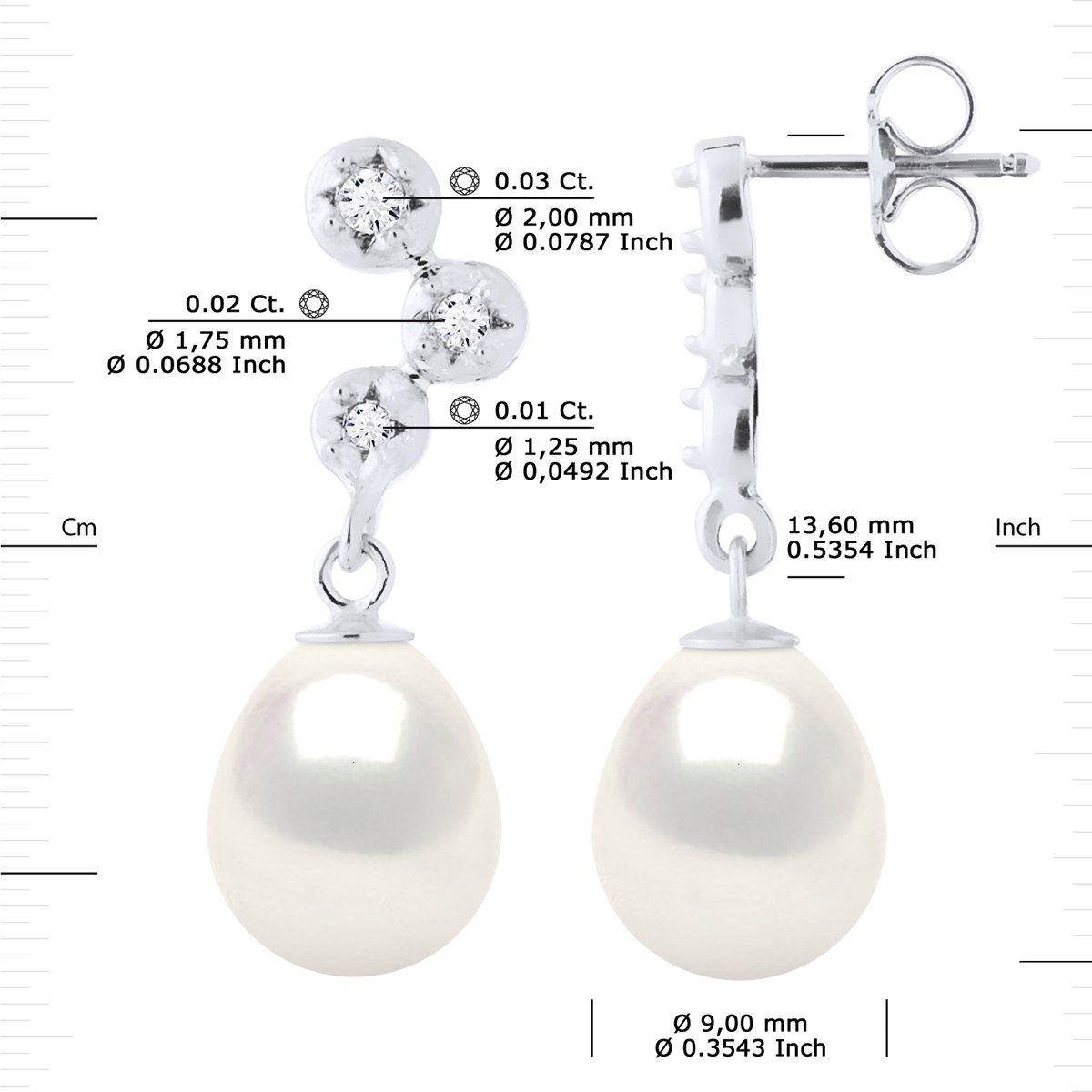 STELLA - Boucles d'Oreilles Perles 9-10 mm & Diamant Or Blanc