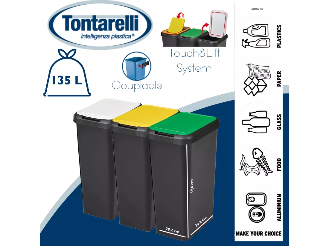 Réglez 3 Touch & Lift 135 litres noirs avec un couvercle jaune / vert / blanc 29.2x39,2x59,6