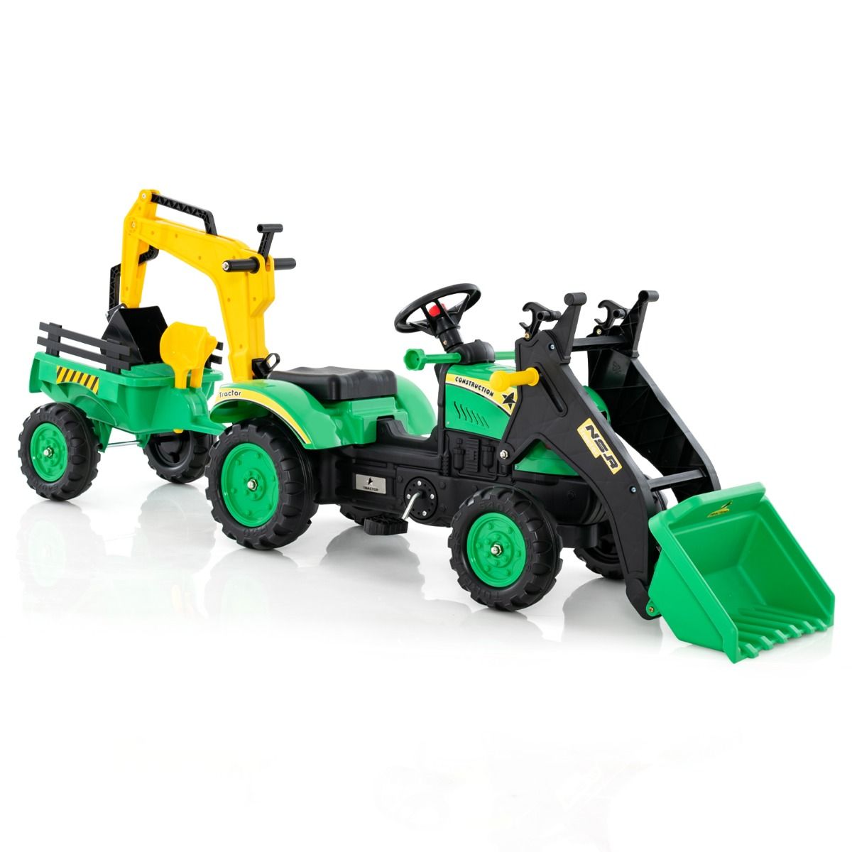 3 en 1 Tracteur pour Enfant avec 6 Roues Jouet Pelle Remorque Amovible avec Volant Klaxon 3 à 6 Ans Jaune/Vert - Lidl-Manfred