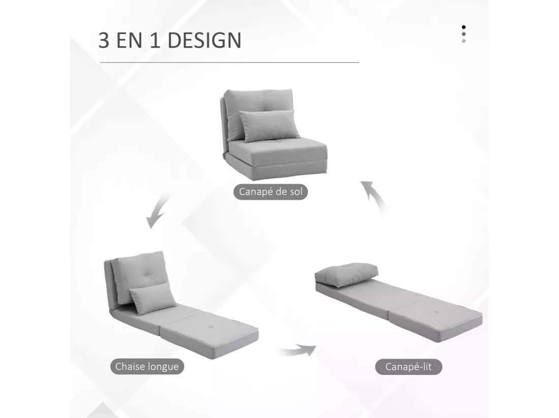 Chauffeuse dossier inclinable - fauteuil convertible - 2 coussins inclus - tissu lin gris clair