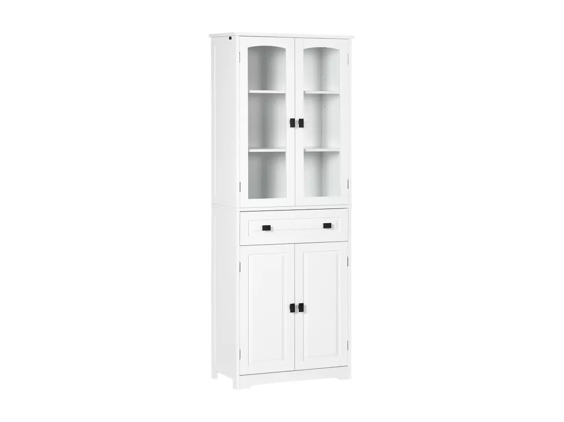 Armoire de cuisine buffet haut 4 portes 3 étagères tiroir verre trempé panneaux MDF blanc