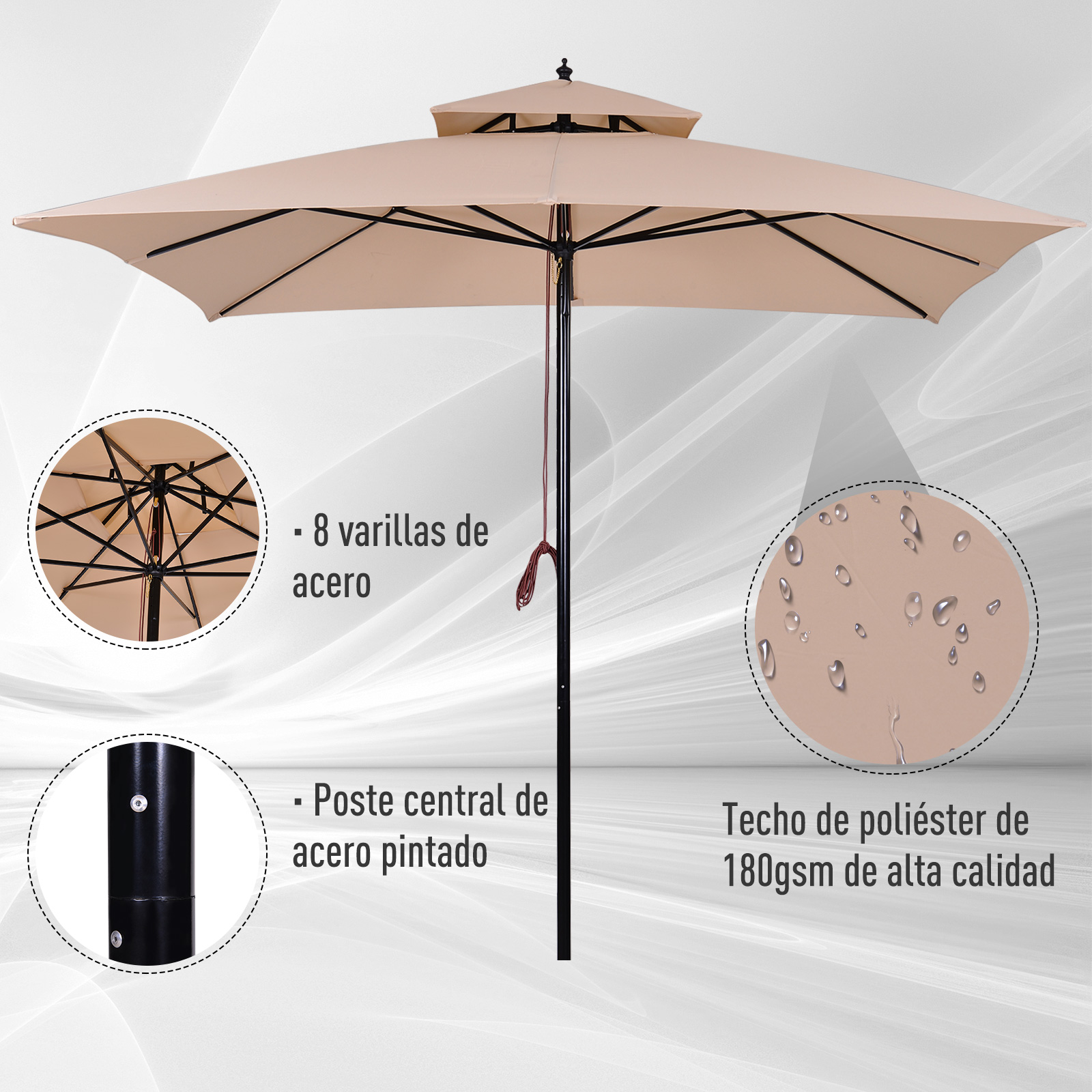 Guarda-sol de jardim Outsunny 3x3x3 m, em metal, com cobertura dupla impermeável e manivela, ideal para terraços e varandas externas, na cor bege.