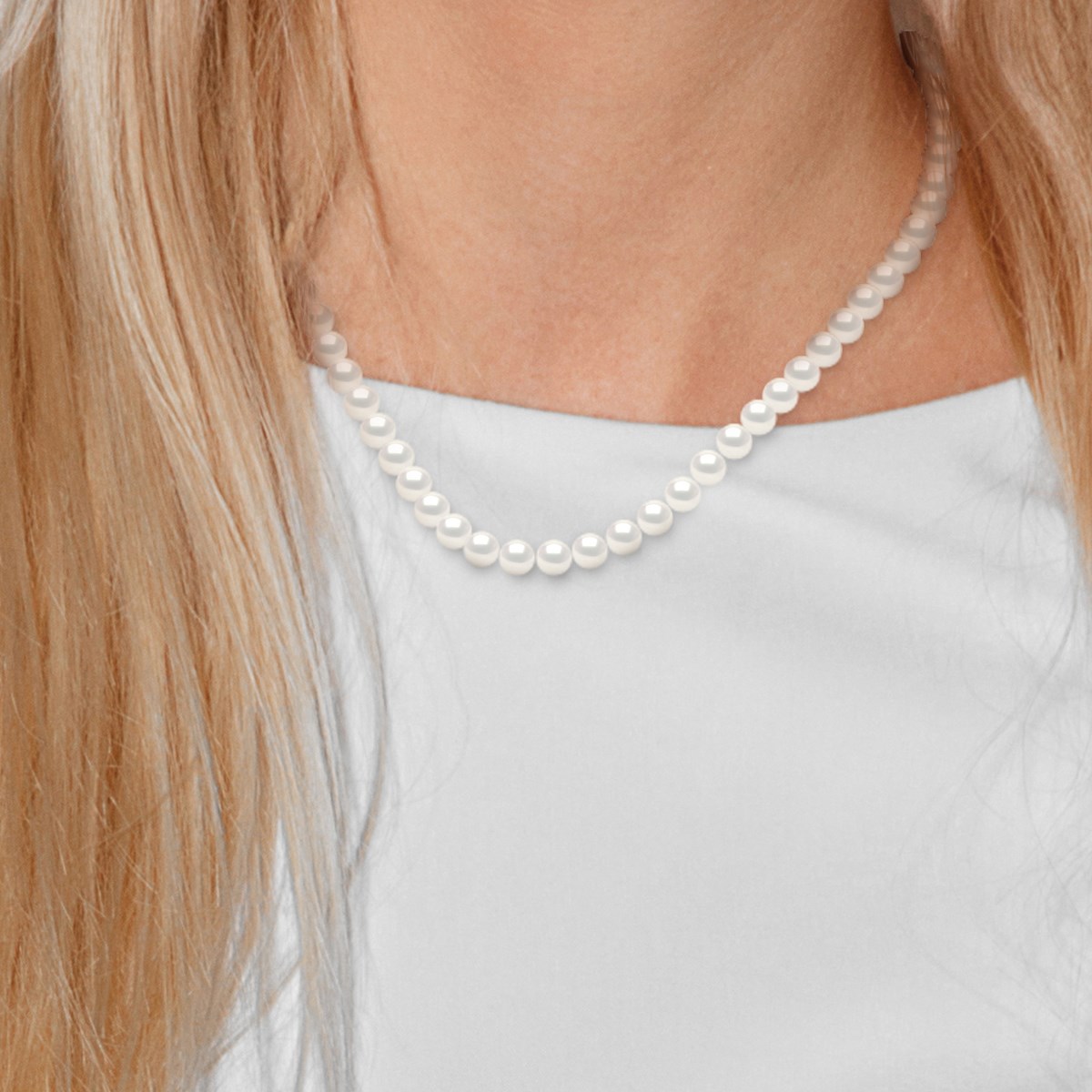 Collier Rang PRINCESSE Perles d'Eau Douce Rondes 7-8 mm Blanches Fermoir Prestige Or Jaune 18 Carats