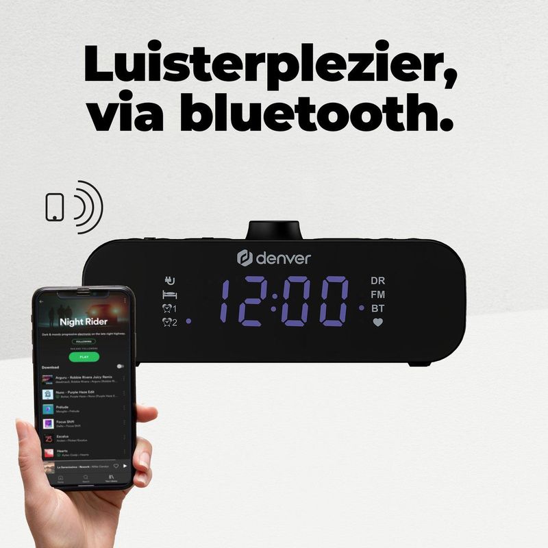 Denver Wekkerradio DAB met Bluetooth - Digitale Wekker - Opladen via USB-C - FM Radio - Dual Alarm - CRD515