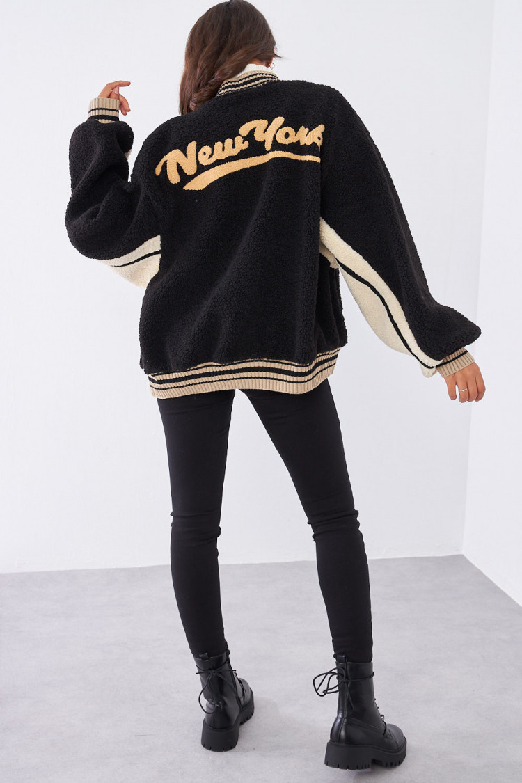 Bomber noir en peau de mouton bicolor
