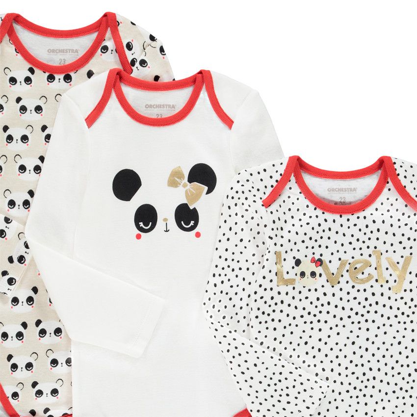 Lot de 5 bodies manches longues print panda pour bébé fille - Ecru