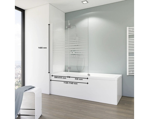 2-delige badwand SCHULTE Komfort ExpressPlus 112 x 140 cm, glasdecor met horizontale strepen, profielkleur wit EP3396 04 72