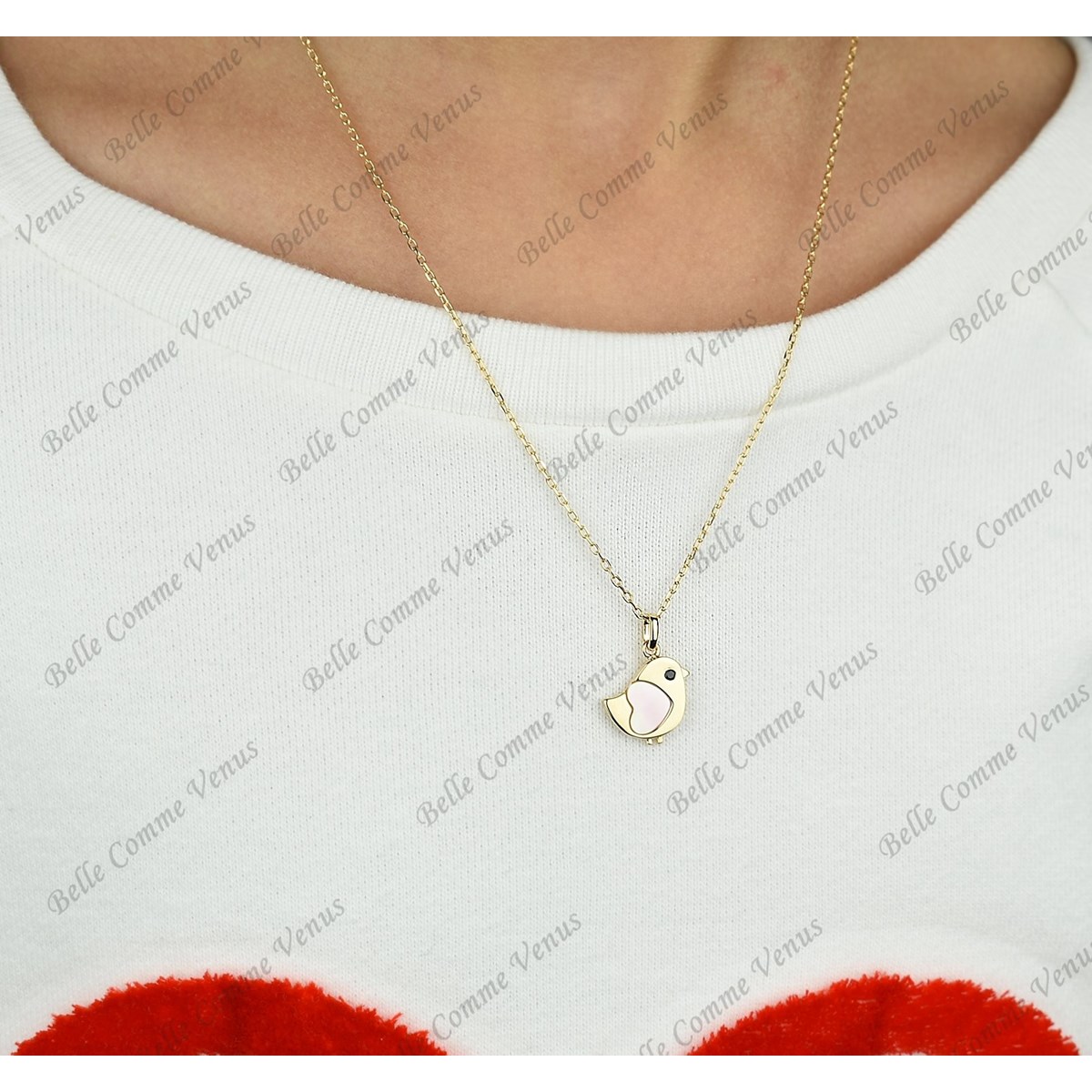 Collier oiseau coeur de nacre oeil oxyde de zirconium noir Plaqué OR 750 3 microns