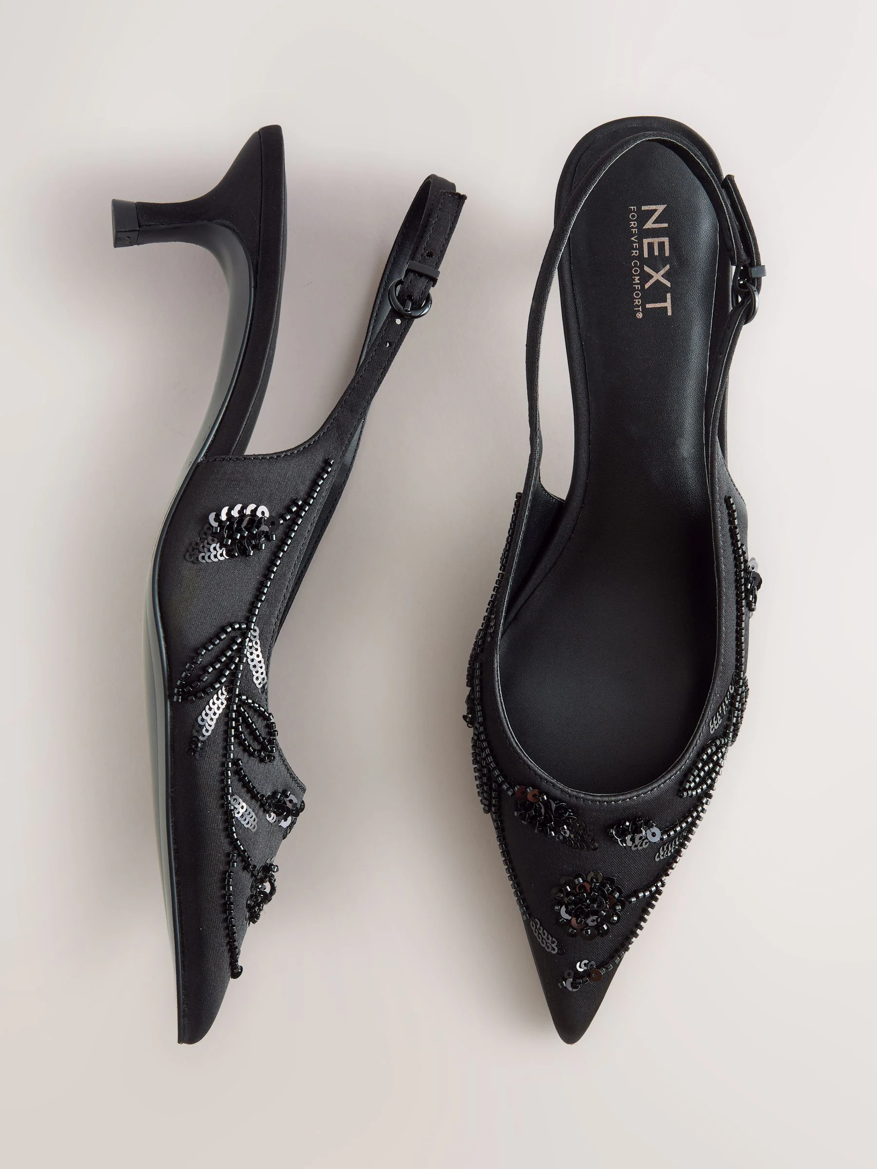 Zwart - Forever Comfort Satin Beaded Slingback Kitten Heels