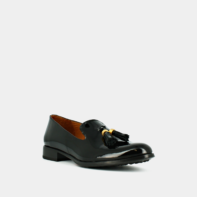 Mocassins à talons plats et bouts ronds  en cuir vernis noir et or
