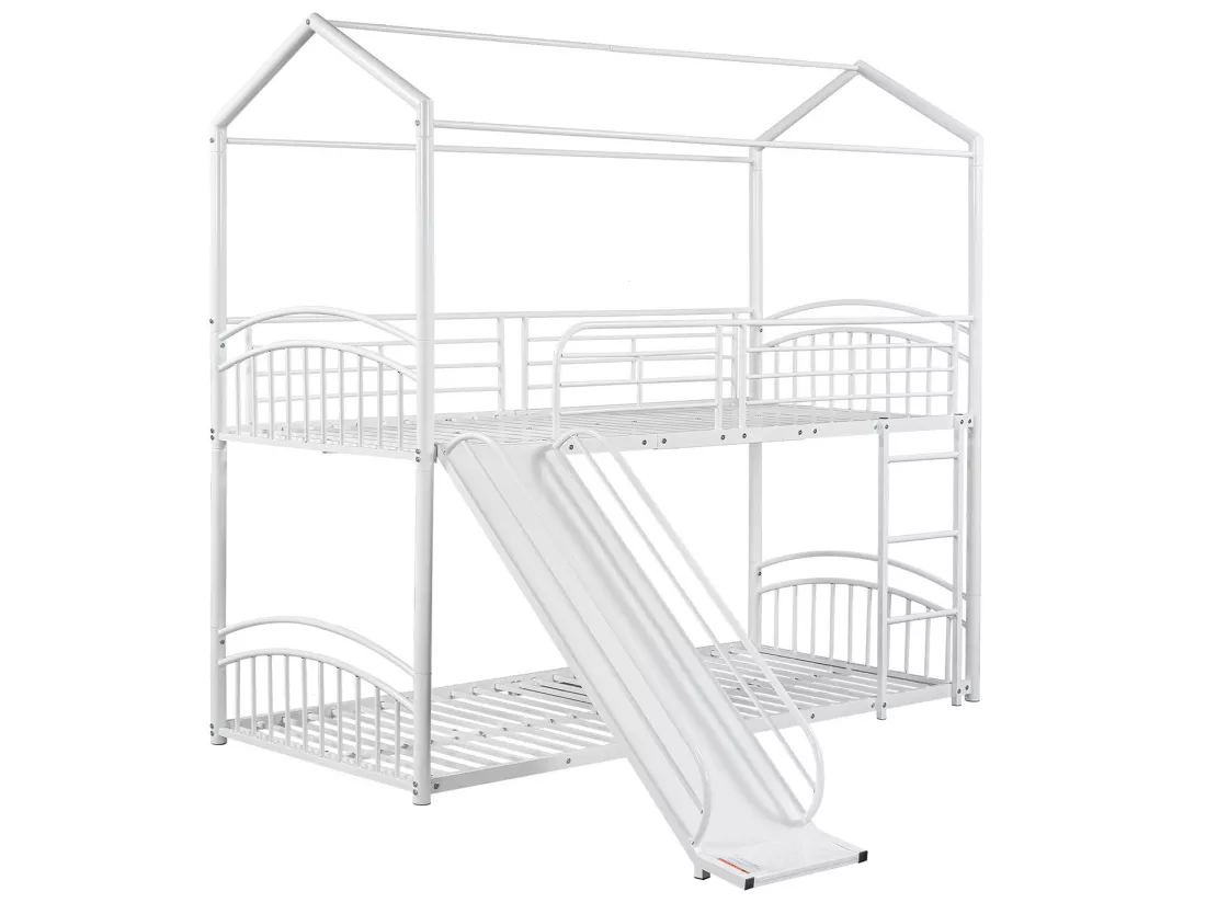 Lit mezzanine - 2 x 90 x 200cm - Avec escalier et toboggan - Blanc - Sweiko