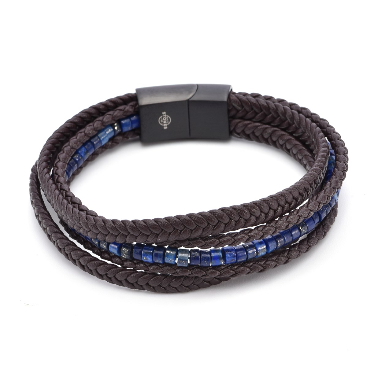 Bracelet Cuir Marron Tressé Avec Perle De Heishi Lapis Lazuli-Medium-18cm