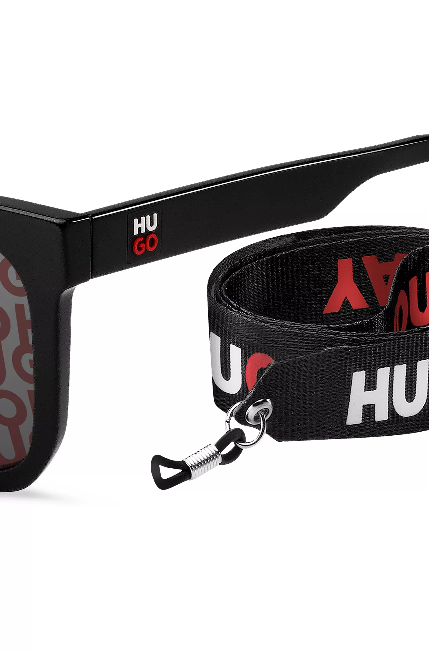 Óculos de sol HUGO em acetato vermelho e preto com lentes de logotipo sobrepostas.