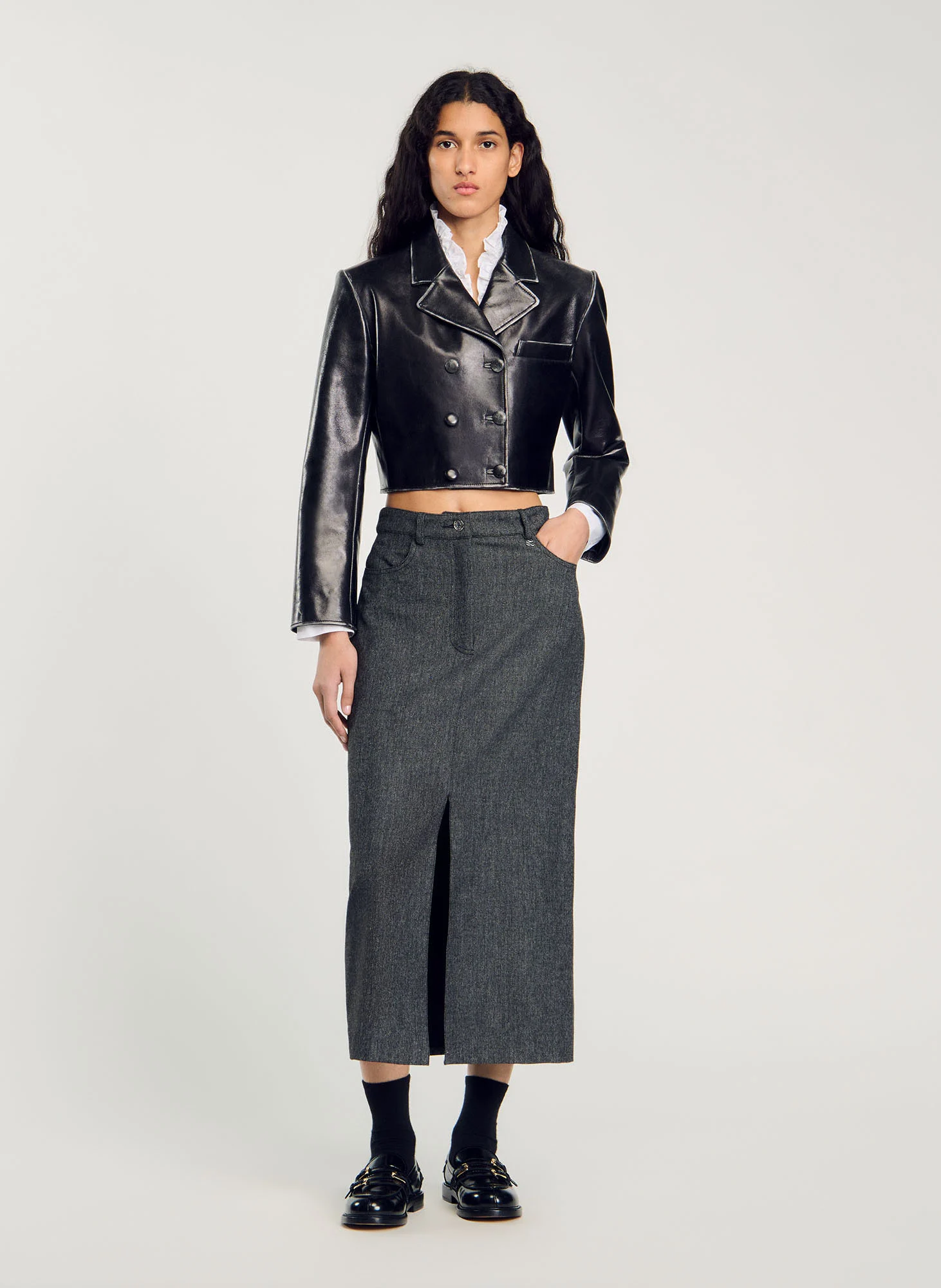 Veste en cuir courte col tailleur | Noir